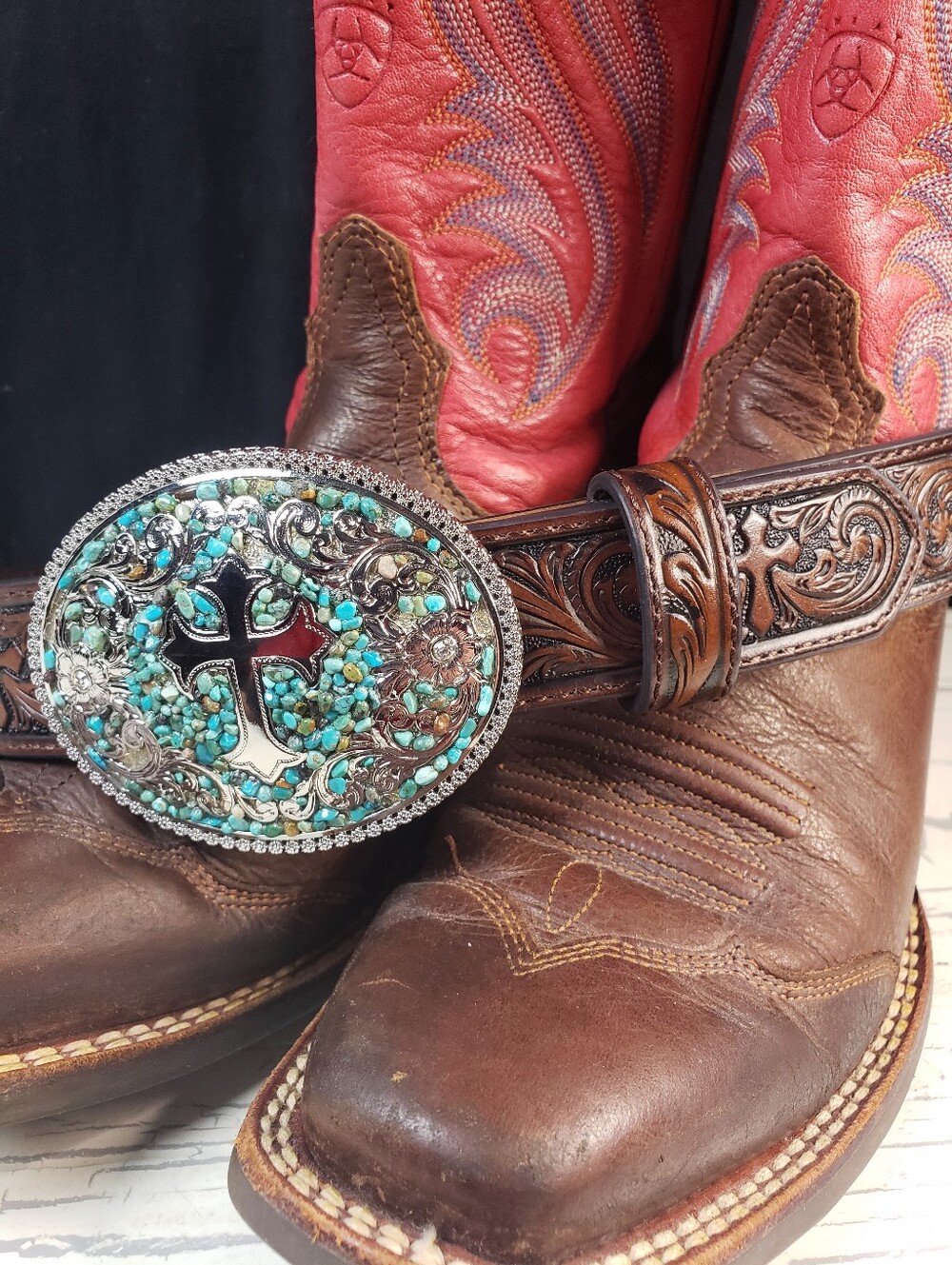Blazin' Roxx/ Nocona Turquoise Stone Cross Cowboy Belt in size 28 - Picture 12 of 13